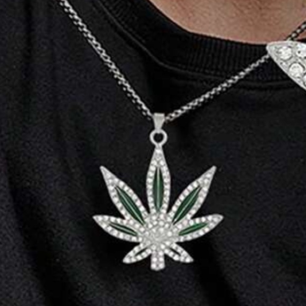 Diamond Studded, Simulated Maple Leaf Necklace Punk Hip Hop Unisex